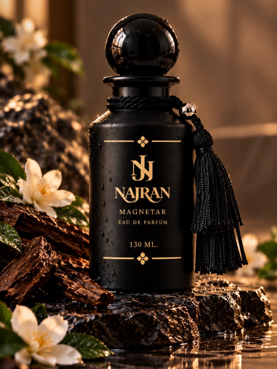 NAJRAN MAGNETAR black and gold perfume bottle with tassel, 130 ml